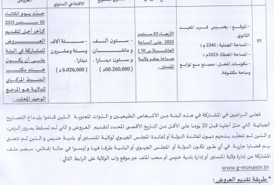 إعلان عن إجراء بتة عمومية بالظروف المغلقة لتسويغ محل صناعي بمدينة خنيس 